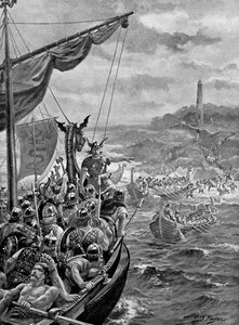 Et angreb af danskerne på Irland, 9. århundrede e.Kr., c1920. af Henry Payne