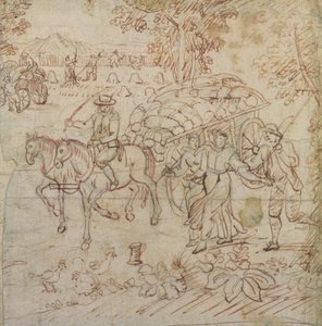 Landskab med høstmaskiner vender hjem, ca. 1595-1605 (pen og brunt blæk på papir) af Henry Peacham