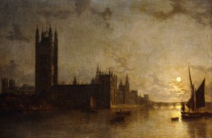 Westminster Abbey, The Houses of Parliament med konstruktionen af Westminster Bridge, 1859