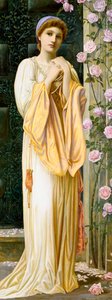 "A Fair Maid" Ung kvinde klædt i antik stil med perlehalskæde. Maleri af Henry Ryland (1856-1924) (prærafaelit) 1901 Privat samling