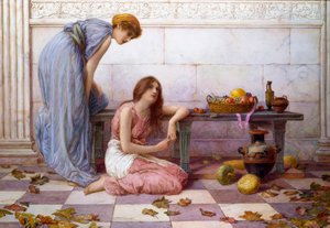 "Flowers and Fruit" Draperede kvinder med melankolske udtryk på gårdspladsen i en antik villa. Maleri af Henry Ryland (1856-1924)