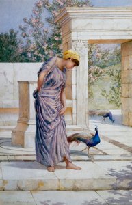 "Sommeren er her" Draperet ung kvinde og en påfugl på en antik marmorterrasse. Maleri af Henry Ryland (1856-1924) (klassicisme)
