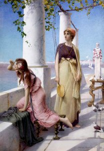 "Unge kvinder skanner horisonten fra deres terrasse i antik stil. Maleri af Henry Ryland (1856-1924) 1910 Privat samling