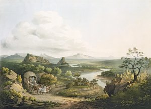 En udsigt nær Roode Sand Pass ved Kap det Gode Håb, indgraveret af J. Bluck (fl.1791-1831) 1809 (akvatint)