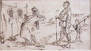 Golfspilleren bliver forstyrret af sælgeren, illustration til Graphic magazine, pub. c, 1870 af Henry Sandercock
