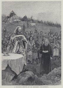En gudstjeneste ved en Orozhanni-lejr (litho) af Henry Sandham