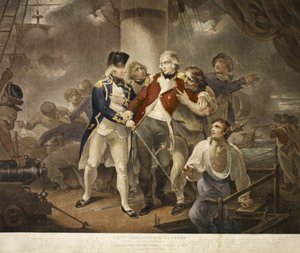 Capt. Trollope i Glatton of 54 Carronades Engagerer en fransk eskadron på 8 krigsskibe med 230 kanoner, indgraveret af James Daniell, 1797 (mezzotint)