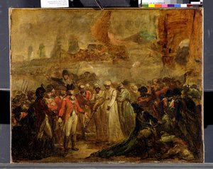 The Surrender of the Two Sons of Tipu Sahib (1749-99), Sultan of Mysore, til Sir David Baird, ca. 1800 (olie på lærred)