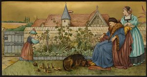 Sans Everything, plakette, der viser en illustration fra Shakespeares Seven Ages, Minton ware, Staffordshire, 1874 (emaljeret fajance)