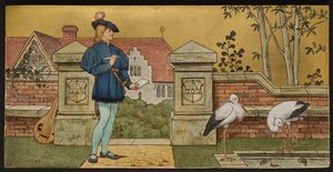 The Lover, plakette, der viser en illustration fra Shakespeares Seven Ages, Minton ware, Staffordshire, 1874 (emaljeret fajance)