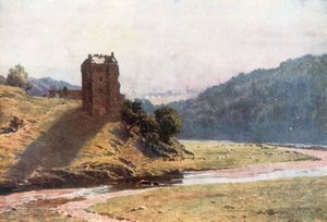 Neidpah Castle, Peeblesshire (farvelitografi)
