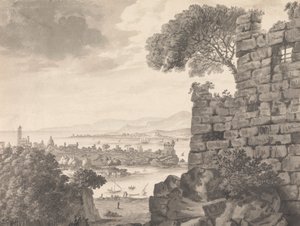 Landskab med ruiner i forgrunden, havn og landsby i baggrunden