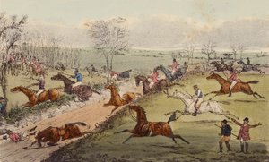 A Steeple-Chase, The Sunken Road (farve litho) af Henry Thomas (after) Alken