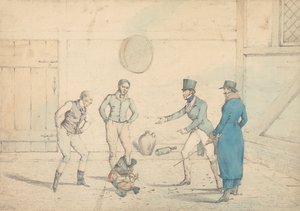 En hanekamp betragtet af fire mænd i et udhus: Kampen, graveret som tavle 39 i "The National Sports of Great Britain"