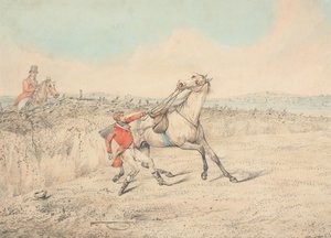 Rytter, der holder fast i en grå hest efter et fald af Henry Thomas Alken