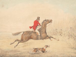 Rytter på en brun hest, der er ved at springe over et hegn mod højre af Henry Thomas Alken