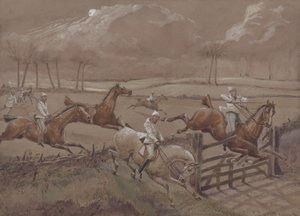 The Last Field nær Nacton Heath, plade 3, fra The First Steeple Chase on Record, indgraveret af J. Harris, trykt af Ackermann, London i 1839 (farvet akvatint) af Henry Thomas Alken