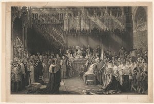 Kroning af dronning Victoria af England. Til George Hayter, adresse på Graves og Warmsby. Træsnitskitse og legende vedhæftet