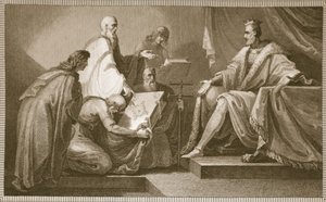 Dommedagsbog skænket til Vilhelm I, graveret af J. Fittler, illustration fra David Humes "The History of England", udgivet af R. Bowyer, London, 1812