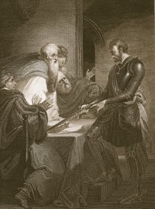 Jarl Warenne begrunder sine ejendomsrettigheder, graveret af J. Fittler, illustration fra David Humes "The History of England", udgivet af R. Bowyer, London, 1812. af Henry Tresham