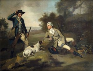 En gentleman, der læner sig tilbage med en pistol og en hund og hans vildtmand, der står i nærheden,