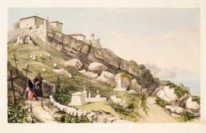 Burial Place of British Officers on the Castle Hill of San Sebastian, fra Skitser af landskaber i de baskiske provinser i Spanien, med et udvalg af national musik ?, pub. 1838 (håndfarvet gravering