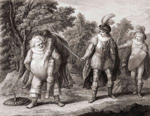 Falstaff med liget af Hotspur på ryggen. (Print) af Henry William (after) Bunbury