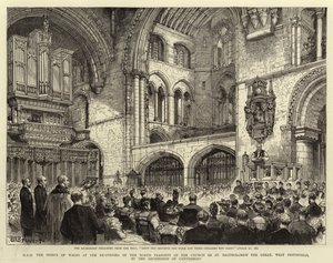 H R H prinsen af Wales ved genåbningen af North Transept af Church of St Bartholomew the Great, West Smithfield, af ærkebiskoppen af Canterbury af Henry William Brewer