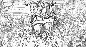 Repræsentation af en sabbatsscene samlet af hekse præsideret af satan, der giver anledning til orgier (sabbatssamling) Tegning af Henry de Malvost fra "Satanism and magic"" af Jules Bois 1895 Privat samling Â af Henry de Malvost