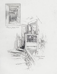 Den engelske forfatter Samuel Johnsons værelse og trappe, Pembroke College, Oxford (litho) af Herbert (after) Railton