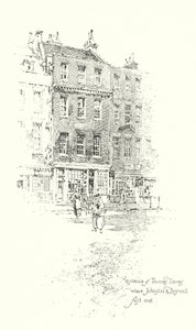 Bolig for Thomas Davies, London, hvor Dr. Johnson og James Boswell mødtes første gang (litho) af Herbert (after) Railton