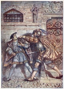 Beslaglæggelse af spionen, illustration fra "Bayard: Den gode ridder uden frygt og uden bebrejdelse" af Christopher Hare, pub. 1911 (sepia-foto)