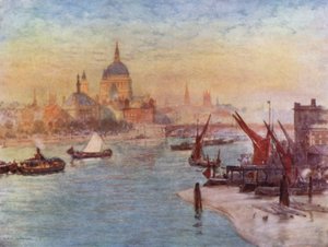 Udsigt fra Waterloo Bridge (farve litho) af Herbert Menzies (after) Marshall