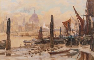 Fortøjede pramme fra Themsen; St Pauls og Blackfriars Bridge i det fjerne af Herbert Menzies Marshall
