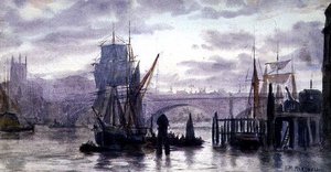 På Themsen, akvarel af Herbert Menzies Marshall