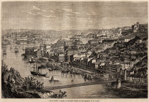Udsigt over Porto, tegning af Catenacci, til illustration af Olivier Mersons rejse til Portugals nordlige provinser i 1857. Indgravering i "" Le tour du monde"" 1861. Selvas samling. af Hercule (after) Catenacci