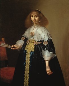 Portræt af en dame i et udførligt broderet kostume, 1640