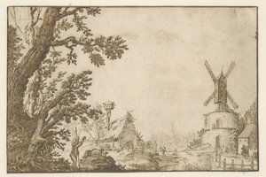 Landskab med en mølle på en højborg af Herman Breckerveld