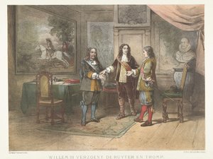 Prins William III forsoner Michiel de Ruyter og Cornelis Tromp, 1673 Willem III forsoner de Ruyter og Tromp (titel på objekt)