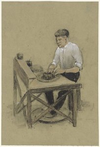 Potter ved sin pladespiller af Herman Heijenbrock