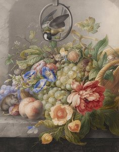 Stilleben med blomster, frugter, en stormejse og en mus. Omkring 1700-10