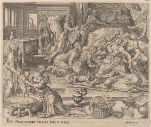 Pharez og Zaras fødsel af Herman Jansz Muller after Maerten van Heemskerck