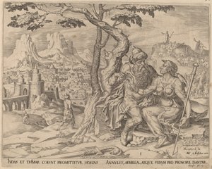 Juda giver Tamar løftet af Herman Jansz Muller after Maerten van Heemskerck