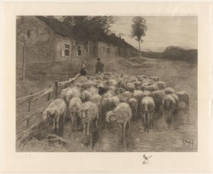 Hyrde og en kvinde med en flok får af Herman Johannes van der Weele (signed by artist)