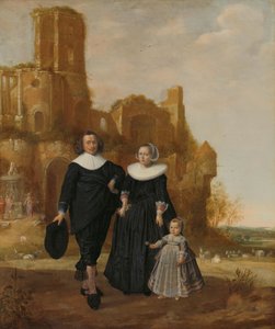 Portræt af et par med deres barn i et landskab af Herman Meynderts Doncker