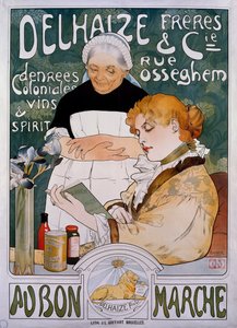 Dame og stuepige, plakat for firma Delhaize Freres et Cie au bon marche