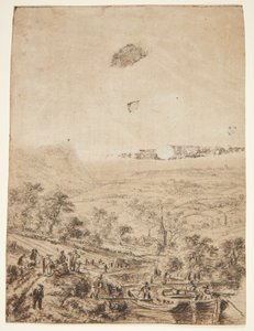 Panoramisk landskab med bønder, fiskere og en landsbykirke af Herman Saftleven