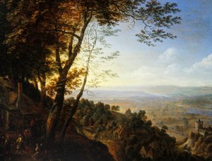 Et skovklædt landskab med bønder ved et sommerhus (olie på panel)