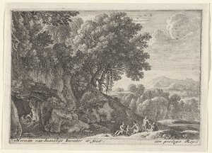 Satyrer omkring bålet i en hule Landskaber med satyrer (serietitel) af Herman van Swanevelt