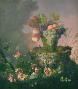 Blomsterkurv med frugt ved en træstub af Hermania Neergaard